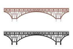 Isolated Bridge. Black Silhouette And Colorfull Image Of Railroad. Railway Structure. Architectural Structure For Trains And Cars. Vector Illustration