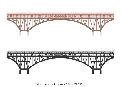 Isolated bridge. Black silhouette and colorfull image of railroad. Railway structure. Architectural structure for trains and cars. Vector illustration