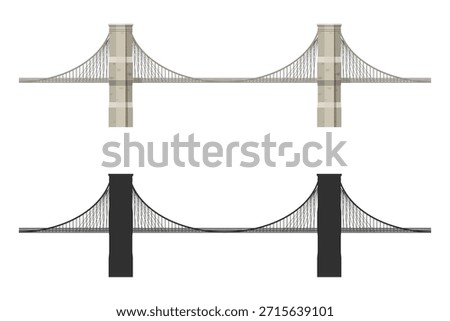 Isolated bridge side view. Industrial drawing of an architectural structure. Modern engineering transport structure. Detailed blueprint. Vector illustration
