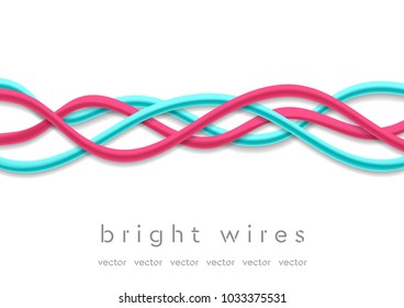 Isolated bright abstract pink and turquoise wires on white background. Tech vector design