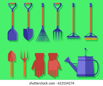 isolated bright colorful garden tools on green background for landscaping or harvesting