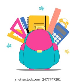 Isolated bright design of a school backpack and school supplies behind it. As a design element for a poster, banner, cover. Can be used as a logo