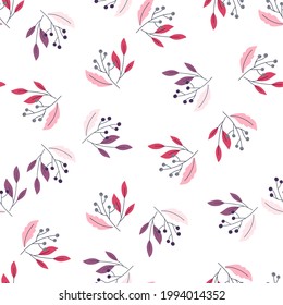Isolated bright floral seamless pattern with decorative berries and leaves silhouettes. White background. Great for fabric design, textile print, wrapping, cover. Vector illustration.