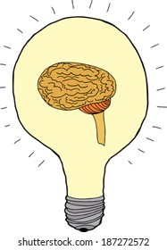 Isolated bright light bulb with brain inside