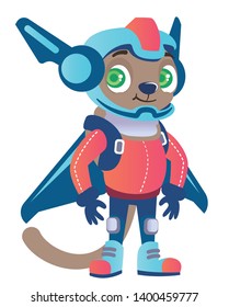 Isolated bright vector illustration of a cute and positive astronaut cat in a protective uniform, with a helmet, wings and boots. Space kitten in red-blue colors