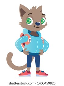 Isolated bright vector illustration of a cute and positive cat in casual wear, with a backpack and sneakers. Kitten in blue-red colors