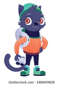 Isolated bright vector illustration of a cute and positive traveler cat in a warm jacket, with hat, backpack and binoculars. Timber kitten in orange-green-dark colors