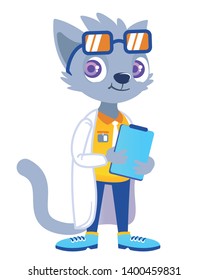 Isolated bright vector illustration of a cute and positive cat in the uniform of a doctor-therapist with glasses and in yellow-blue colors.