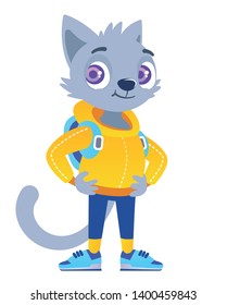 Isolated bright vector illustration of a cute and positive cat in casual wear, with a backpack and sneakers. Kitten in yellow-blue colors