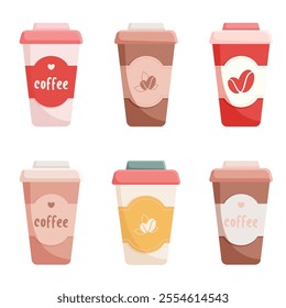 Isolated brigth color set of coffee paper cups in flat style