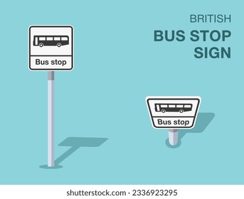 Isolated british bus stop sign. Front and top view. Flat vector illustration template.