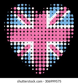 Isolated British flag inside heart. Halftone texture. Black background.