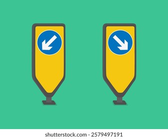 Isolated British internally illuminated traffic bollards with "keep right or left" signs. Flat vector illustration template.