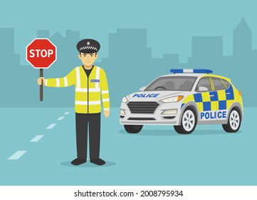 Isolated british traffic police officer holding a stop sign. Police suv car perspective front view. Flat vector illustration template. svg