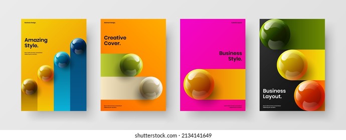 Isolated brochure A4 design vector layout collection. Minimalistic 3D spheres annual report illustration set.