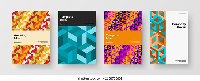 Isolated brochure A4 design vector template composition. Colorful mosaic tiles corporate cover concept set.
