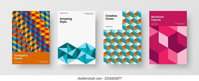 Isolated brochure A4 design vector illustration bundle. Colorful mosaic pattern banner concept set.
