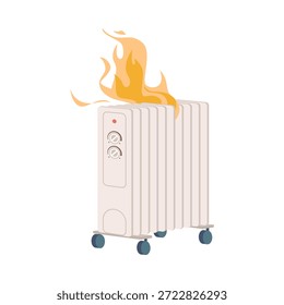 Aquecedor elétrico danificado isolado em chamas mostrando mau funcionamento perigoso e ilustração do vetor de risco