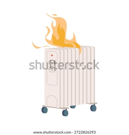 Isolated broken electric heater on fire showing dangerous malfunction and risk vector illustration