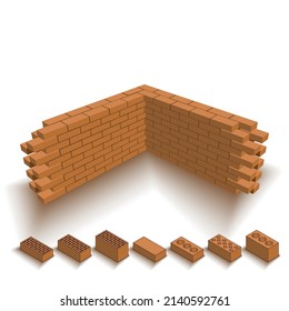 Masonería de ladrillo marrón aislada sobre un fondo blanco. Ilustración vectorial.