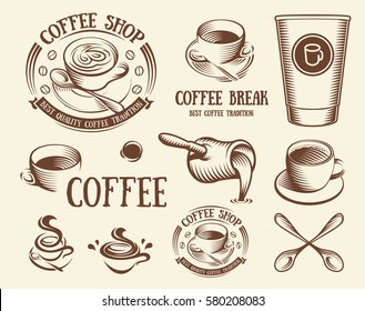 Isolated brown color cup in retro style logos set, logotypes collection for coffee shop vector illustration