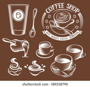 Isolated brown color cup in retro style logos set, logotypes collection for coffee shop vector illustration