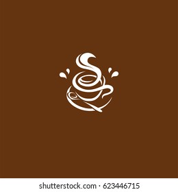 Isolated brown color cup in retro style logo, logotype for coffee shop vector illustration on brown background