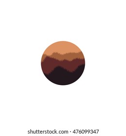 Isolated brown color round shape natural environment silhouette logo. Mountains miniature logotype. Sunset view icon. Wild nature panorama.Vector illustration