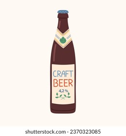 Isolated brown glass beer bottle. Craft beer hand drawn illustration. Design elements for menu restaurant, bar, pub.