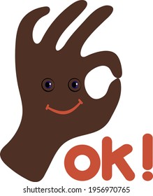 isolated brown hand african. it shows the ok sign with your fingers. a positive, cheerful character. everything is very good. print on a T-shirt, children's poster, sticker.