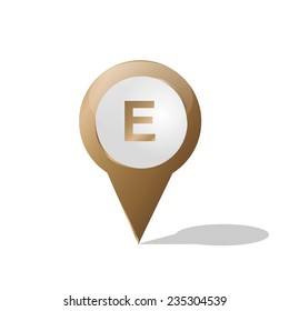 an isolated brown pin with an E letter inside it