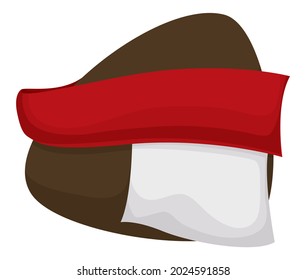 Isolated brown sign template decorated with red streamers over white background.