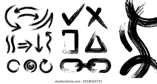 Isolated brush paint arrows and shapes, simple set collections vector brushes, transparent background