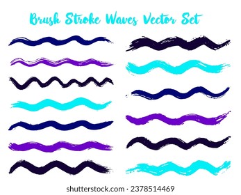 Isolated brush stroke waves vector set. Hand drawn cyan violet brushstrokes, ink splashes, watercolor splats, hand painted curls. Interior paint color palette elements. Textured waves, stripes design.