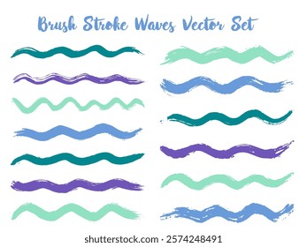 Isolated brush stroke waves vector set. Hand drawn blue teal brushstrokes, ink splashes, watercolor splats, hand painted curls. Interior colors guide book swatches. Textured waves, stripes design.