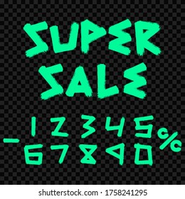 Isolated brush strokes super sale and discount numbers letterting set. Hand drawn commercial promotion vector illustration.
