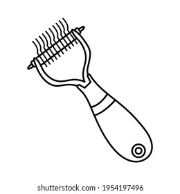 Isolated brush for wool with sharp teeth in doodle style. Brush for animal fur hand drawn. Pet accessory icon on white background. Vector illustration.