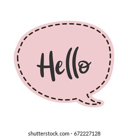 Isolated bubble speech with text Hello in patch style. Dialogue cloud.