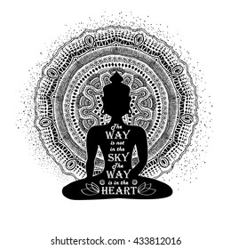 Isolated Buddha silhouette sitting in lotus pose of yoga and mandala design on a white background. 