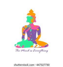 Isolated Buddha silhouette sitting in lotus pose of yoga on a white background. Buddha silhouette made from grunge colorful abstract paintbrush splashes.