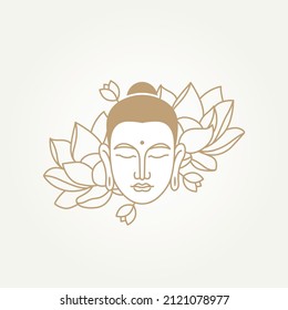 isolated buddha's head with lotus flower simple line art template vector illustration design. minimalist monoline spa, relaxation, zen meditation icon logo concept