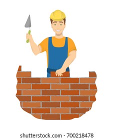 Isolated builder bricklayer with spatula and hard hat on white background.