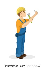 Isolated builder with hammer and nail. Man in hardhat on white background.