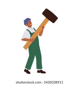 Isolierter Baumeister Mann Cartoon Charakter Halthammer für Bau-, Reparatur- und Wartungsarbeiten