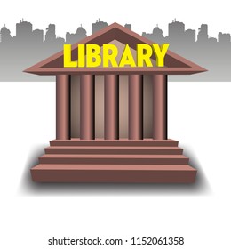 Isolated building with columns and the word library written on its roof. Public library concept
