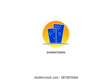 logotipo de edificio aislado. en el centro de la ciudad. rascacielos dentro del círculo.