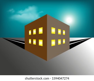 Isolated building in night landscape. In the distance the moon shines through the clouds.