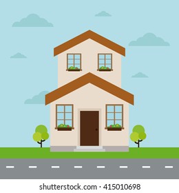 Isolated building on a colored background with clouds and a pair of trees