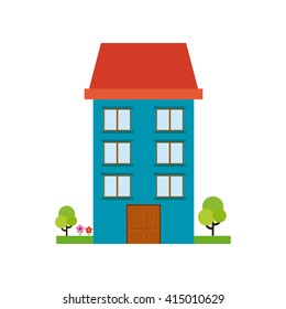 Isolated building with a pair of trees on a white background