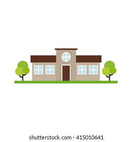 Isolated building with a pair of trees on a white background